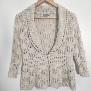 Cottagecore Beige Open Knit Cardigan Sweater 3/4 Sleeves | Grannycore Bohemian